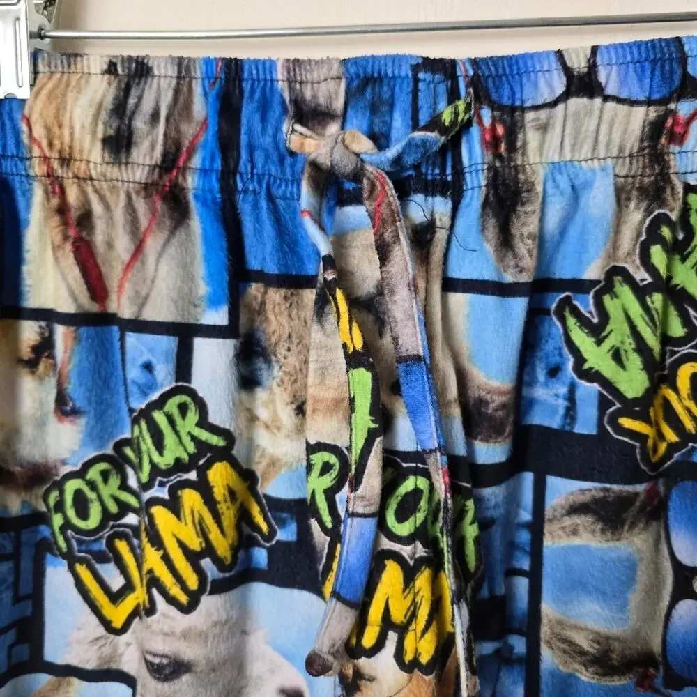 Y2K Llama Graphic Pajama Pants Mens Lounge Sleepwear Flannel Drawstring Cozy 90s